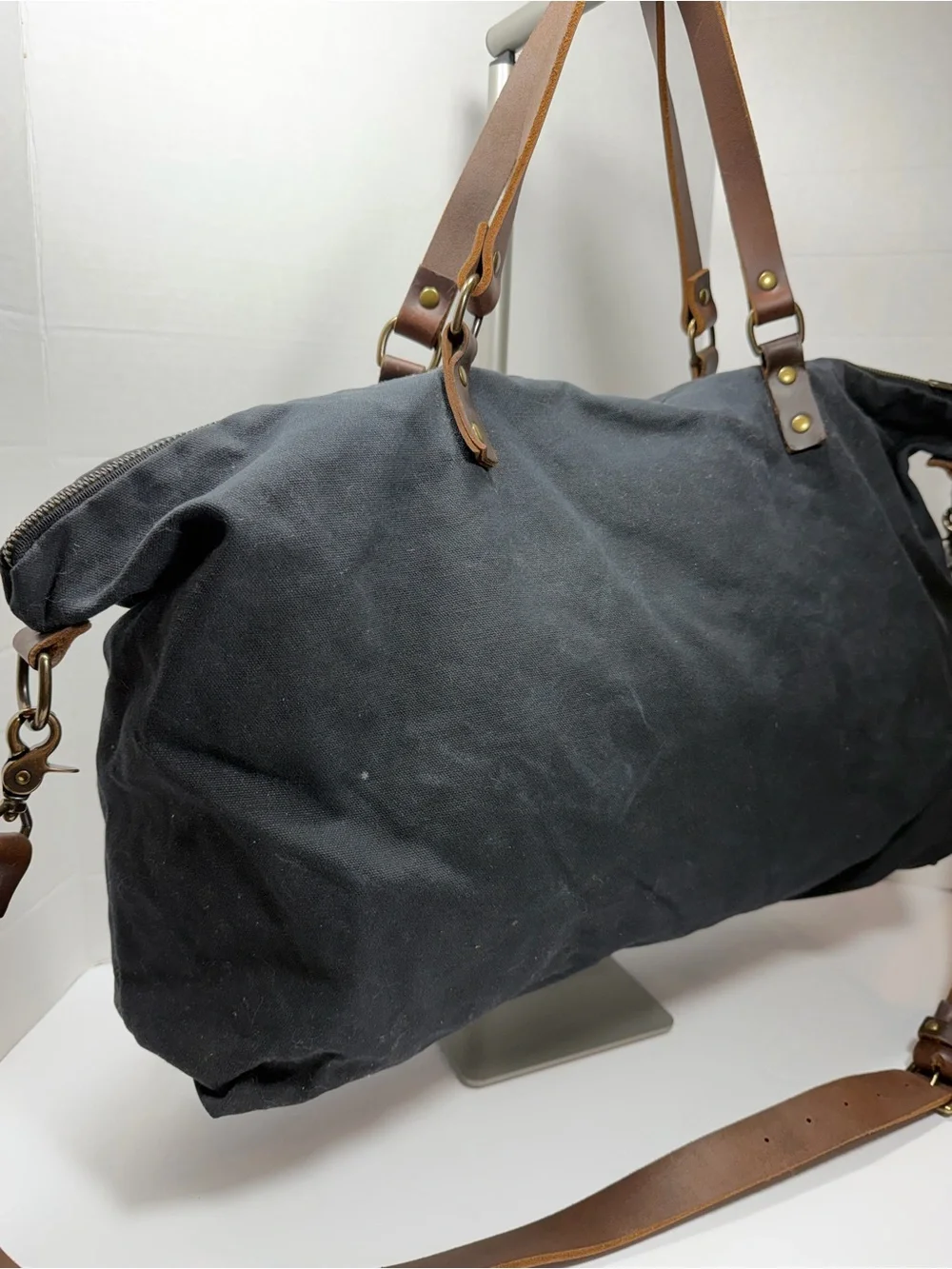 RED HOUSE Waxed Canvas Weekend Tote with Leather Straps - Gray made by hand